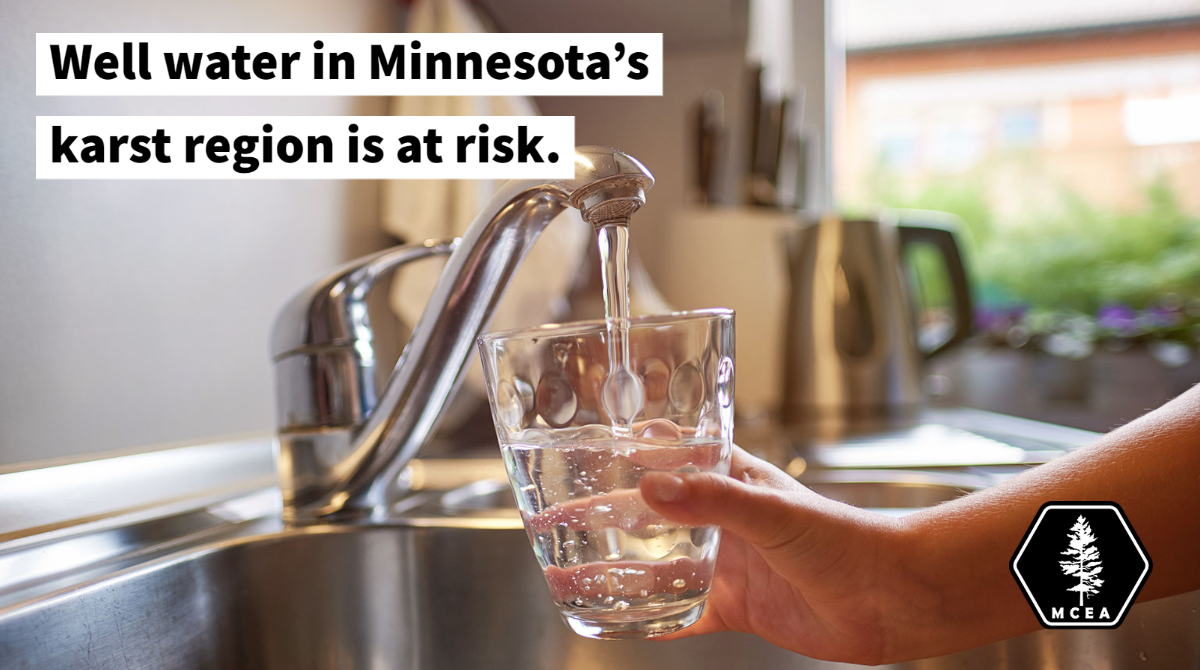 a white hand holds a glass of water under a kitchen sink spout with the words protecting clean water in the Minnesota karst region