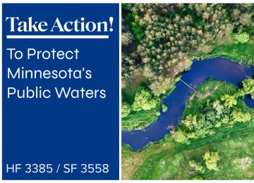 the words take action, protect Minnesota's public waters with a river and trees