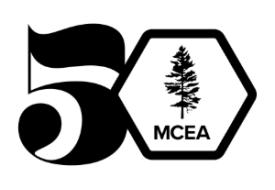 m c e a 50th logo a black hexagon with a pine tree and the number 5, making an image of 50